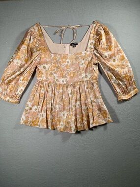mittoshop Pink and Mustard Floral Square-Neck Puff Sleeve Blouse